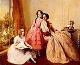 Girls Canvas Paintings - A Portrait Of Two Girls With Their Governess